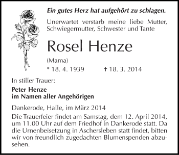 Traueranzeige von Rosel Henze von Mitteldeutsche Zeitung Quedlinburg