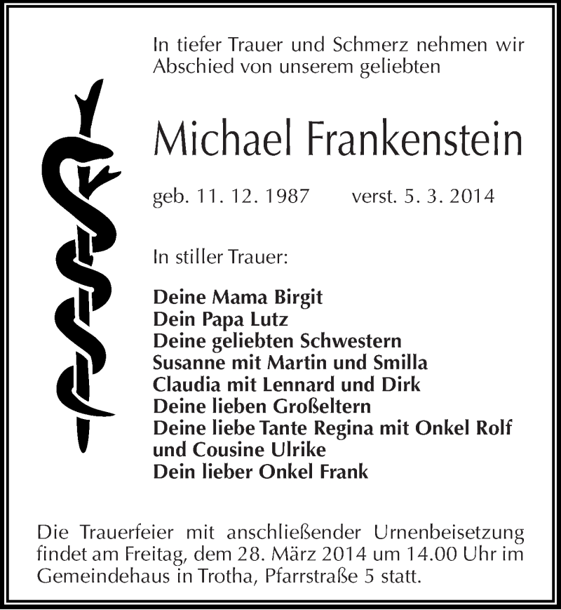  Traueranzeige für Michael Frankenstein vom 22.03.2014 aus Mitteldeutsche Zeitung Halle/Saalkreis