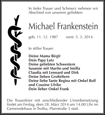 Traueranzeige von Michael Frankenstein von Mitteldeutsche Zeitung Halle/Saalkreis