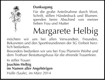 Traueranzeige von Margarete Helbig von Mitteldeutsche Zeitung Halle/Saalkreis