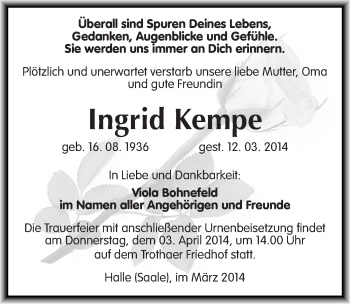 Traueranzeige von Ingrid Kempe von Mitteldeutsche Zeitung Halle/Saalkreis
