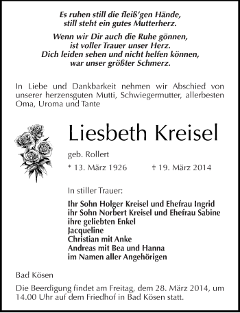 Traueranzeige von Liesbeth Kreisel von Mitteldeutsche Zeitung Naumburg/Nebra