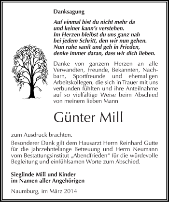 Traueranzeige von Günter Mill von Mitteldeutsche Zeitung Naumburg/Nebra