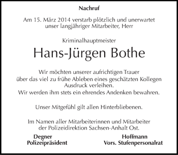 Traueranzeige von Hans-Jürgen Bothe von Mitteldeutsche Zeitung Dessau-Roßlau