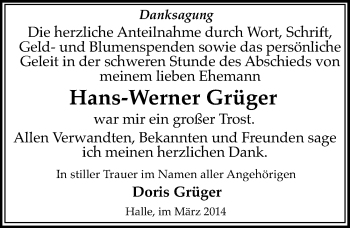 Traueranzeige von Hans-Werner Grüger von Mitteldeutsche Zeitung Halle/Saalkreis