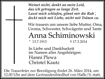 Traueranzeige von Anna Schiminowski von Mitteldeutsche Zeitung Halle/Saalkreis