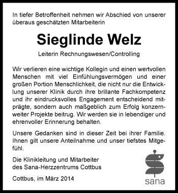 Traueranzeige von Sieglinde Welz von Mitteldeutsche Zeitung Wittenberg