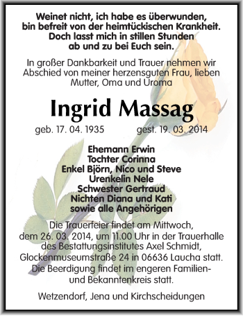 Traueranzeige von Ingrid Massag von Mitteldeutsche Zeitung Naumburg/Nebra