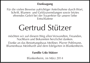 Traueranzeige von Gertrud Stützer von Mitteldeutsche Zeitung Sangerhausen