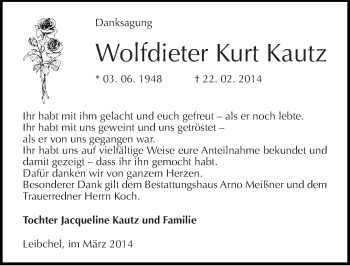 Traueranzeige von Wolfdieter Kurt Kautz von Mitteldeutsche Zeitung Sangerhausen