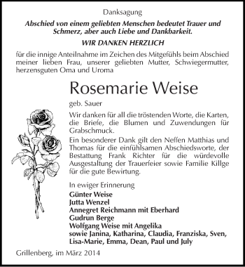 Traueranzeige von Rosemarie Weise von Mitteldeutsche Zeitung Sangerhausen