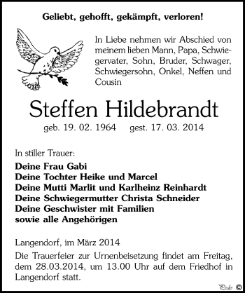 Traueranzeige von Steffen Hildebrandt von Mitteldeutsche Zeitung Weißenfels