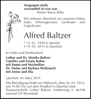 Traueranzeige von Alfred Baltzer von Mitteldeutsche Zeitung Merseburg/Querfurt