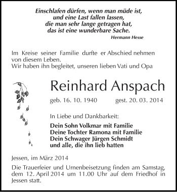 Traueranzeige von Reinhard Anspach von Mitteldeutsche Zeitung Wittenberg