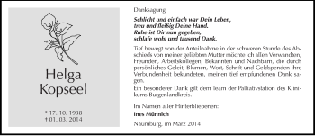 Traueranzeige von Helga Kopseel von Mitteldeutsche Zeitung Naumburg/Nebra