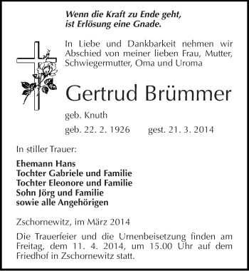 Traueranzeige von Gertrud Brümmer von Mitteldeutsche Zeitung Wittenberg