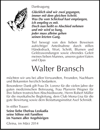 Traueranzeige von Walter Bransch von Mitteldeutsche Zeitung Naumburg/Nebra