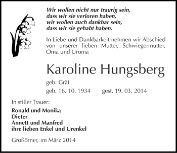 Traueranzeige von Karoline Hungsberg von Mitteldeutsche Zeitung Mansfelder Land
