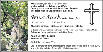 Traueranzeige von Irma Stock von Mitteldeutsche Zeitung Mansfelder Land