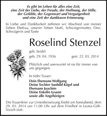 Traueranzeige von Roselind Stenzel von Mitteldeutsche Zeitung Merseburg/Querfurt