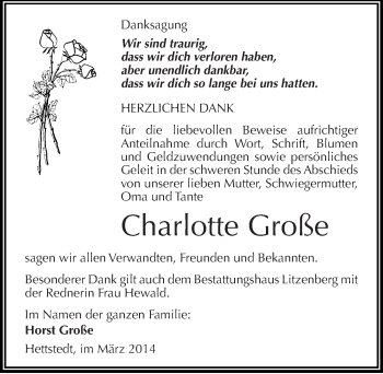 Traueranzeige von Charlotte Große von Mitteldeutsche Zeitung Mansfelder Land