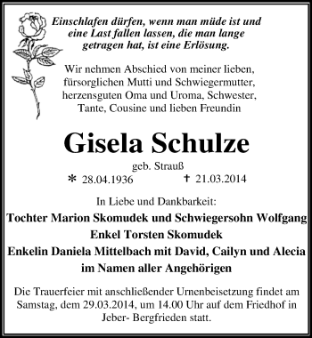 Traueranzeige von Gisela Schulze von Mitteldeutsche Zeitung