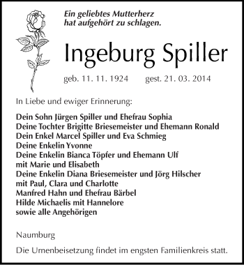 Traueranzeige von Ingeburg Spiller von Mitteldeutsche Zeitung Naumburg/Nebra