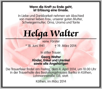 Traueranzeige von Helga Watter von Mitteldeutsche Zeitung Köthen