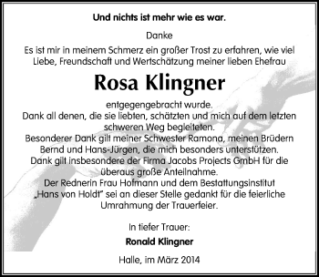 Traueranzeige von Rosa Klingner von Mitteldeutsche Zeitung Halle/Saalkreis