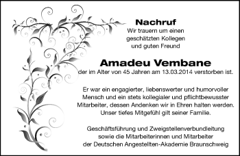 Traueranzeige von Amadeu Vembane von Mitteldeutsche Zeitung