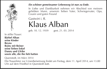 Traueranzeige von Klaus Alban von Mitteldeutsche Zeitung Mansfelder Land