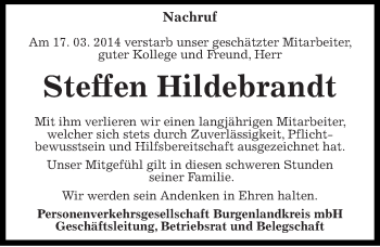 Traueranzeige von Steffen Hildebrandt von Mitteldeutsche Zeitung Weißenfels