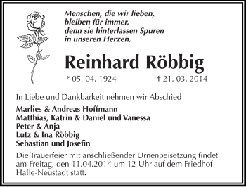 Traueranzeige von Reinhard Röbbig von Mitteldeutsche Zeitung Halle/Saalkreis