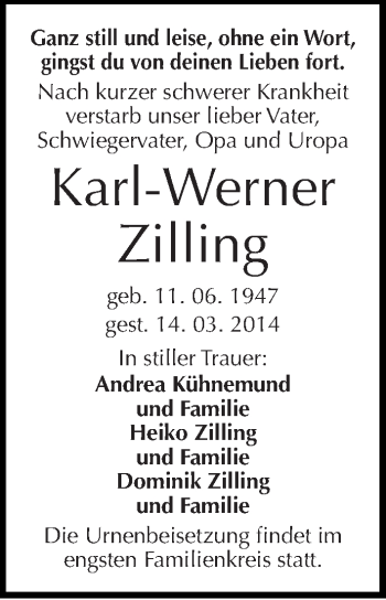 Traueranzeige von Karl-Werne Zilling von Mitteldeutsche Zeitung Merseburg/Querfurt