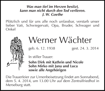 Traueranzeige von Werner Wächter von Mitteldeutsche Zeitung Merseburg/Querfurt
