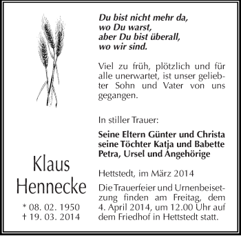Traueranzeige von Klaus Hennecke von Mitteldeutsche Zeitung Mansfelder Land