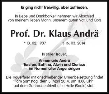 Traueranzeige von Klaus Andrä von Mitteldeutsche Zeitung Halle/Saalkreis