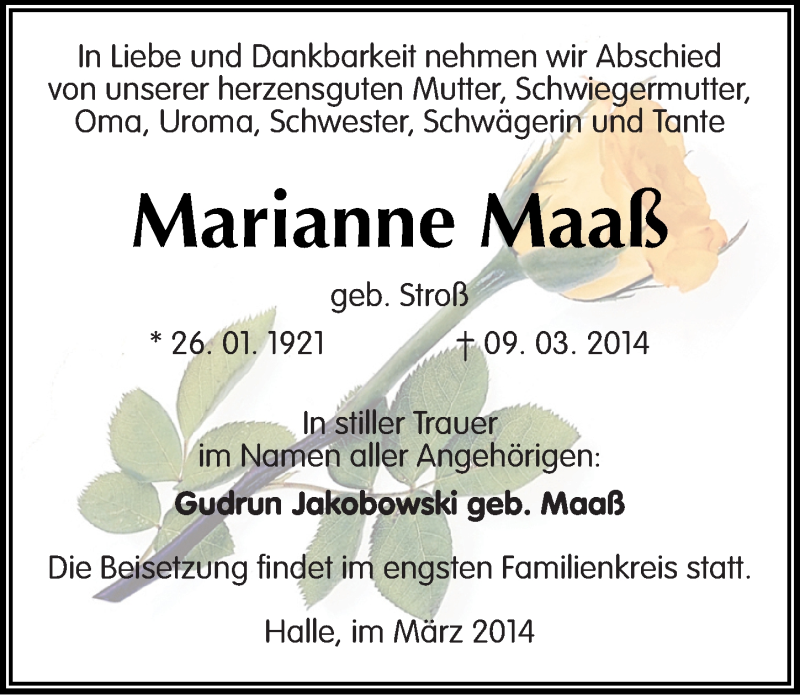  Traueranzeige für Marianne Maaß vom 29.03.2014 aus Mitteldeutsche Zeitung Halle/Saalkreis