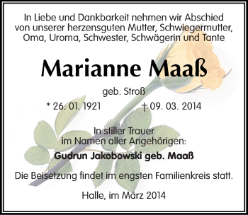 Traueranzeige von Marianne Maaß von Mitteldeutsche Zeitung Halle/Saalkreis