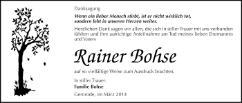 Traueranzeige von Rainer Bohse von Mitteldeutsche Zeitung Quedlinburg
