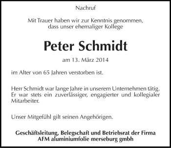 Traueranzeige von Peter Schmidt von Mitteldeutsche Zeitung Merseburg/Querfurt