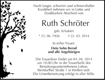 Traueranzeige von Ruth Schröter von Mitteldeutsche Zeitung Bitterfeld