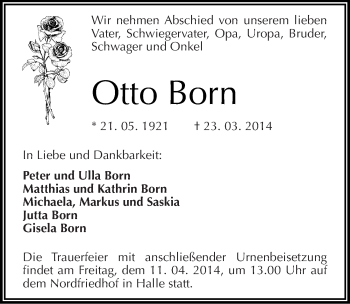 Traueranzeige von Otto Born von Mitteldeutsche Zeitung Halle/Saalkreis