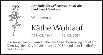 Traueranzeige von Käthe Wohlauf von Mitteldeutsche Zeitung Wittenberg