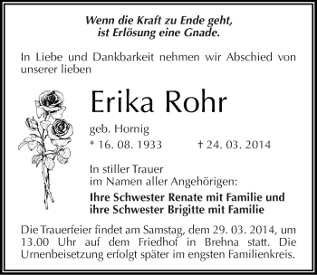 Traueranzeige von Erika Rohr von Mitteldeutsche Zeitung Bitterfeld