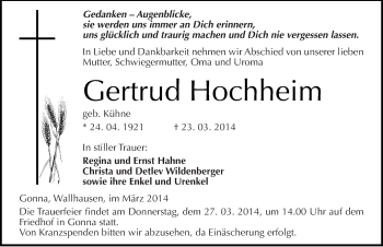 Traueranzeige von Gertrud Hochheim von Mitteldeutsche Zeitung Sangerhausen