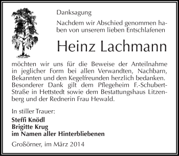 Traueranzeige von Heinz Lachmann von Mitteldeutsche Zeitung Mansfelder Land