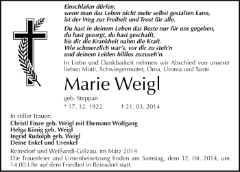 Traueranzeige von Marie Weigl von Mitteldeutsche Zeitung Köthen