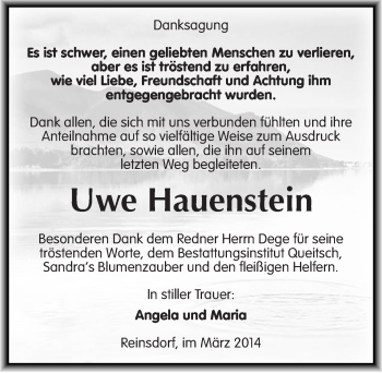 Traueranzeige von Uwe Hauenstein von Mitteldeutsche Zeitung Köthen