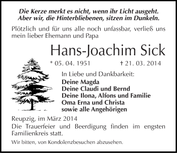 Traueranzeige von Hans-Joachim Sick von Mitteldeutsche Zeitung Köthen